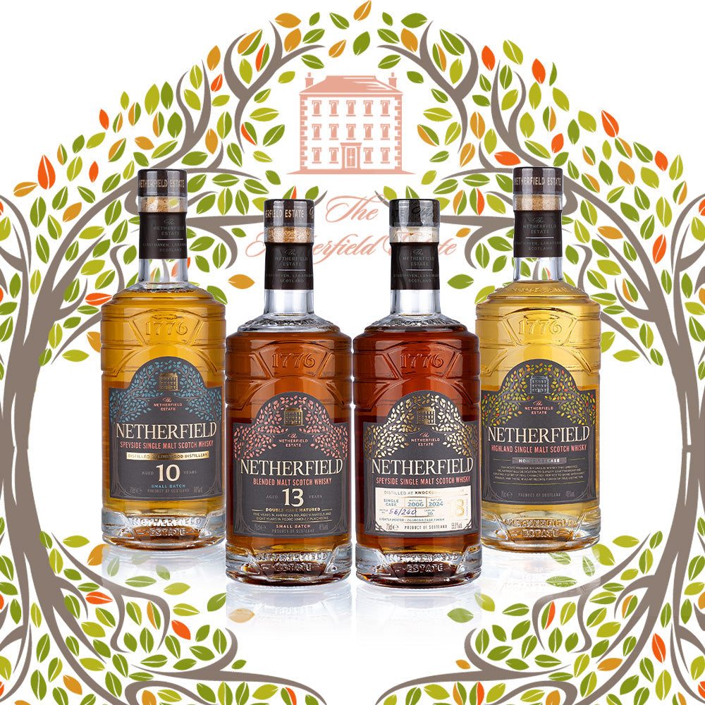 The Netherfield first release whisky collection featuring single cask, double cask matured, and small batch Scotch whiskies, showcasing craftsmanship and diversity.