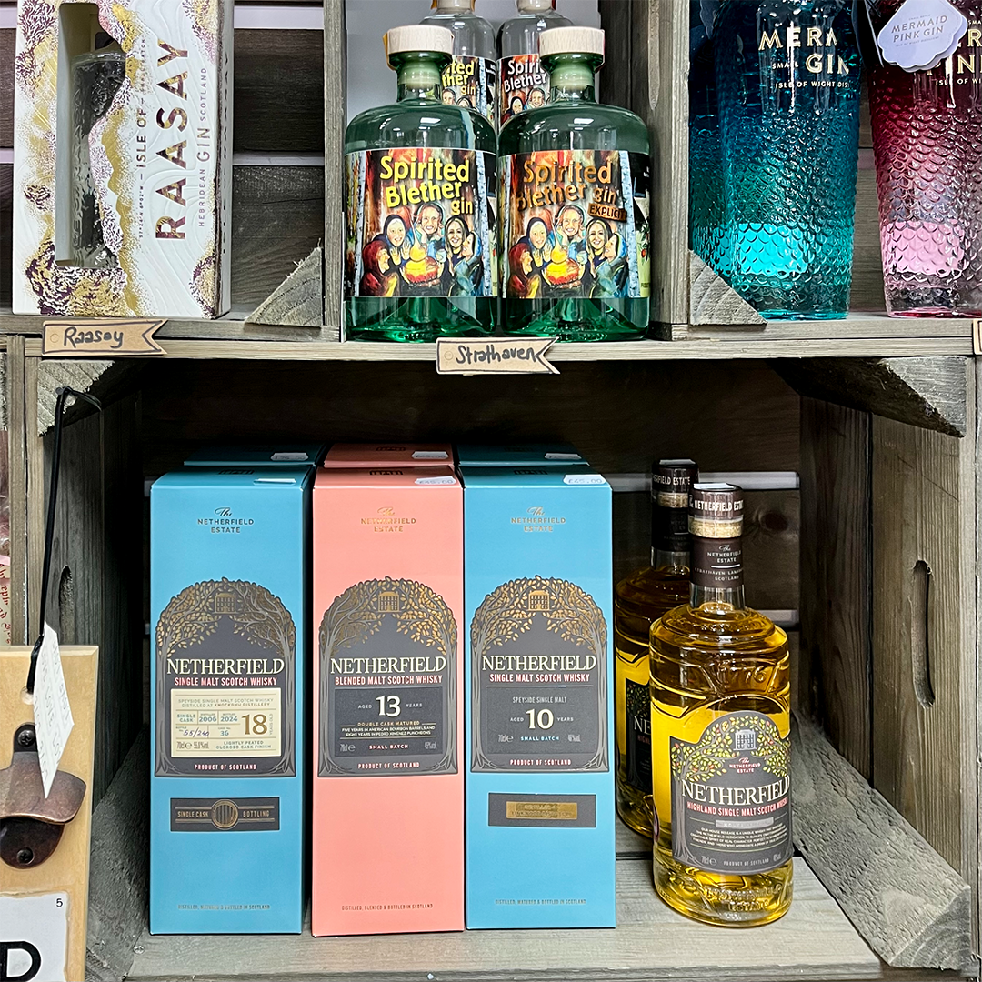 The Netherfield Whisky Bottles on shelf at Jaro Design Studio in Strathaven, South Larnakshire